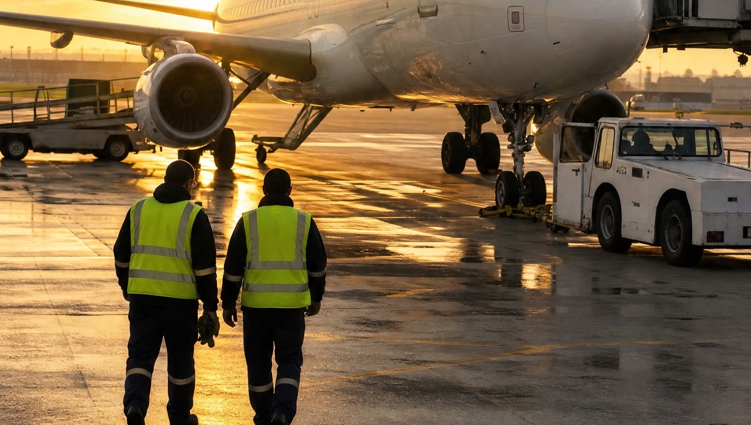 Dos trabajadores caminando por la plataforma hacia un avión al amanecer