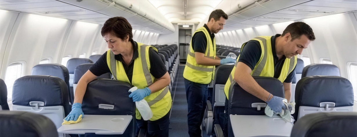 Limpieza de la cabina de un avión entre vuelos, fila de asientos