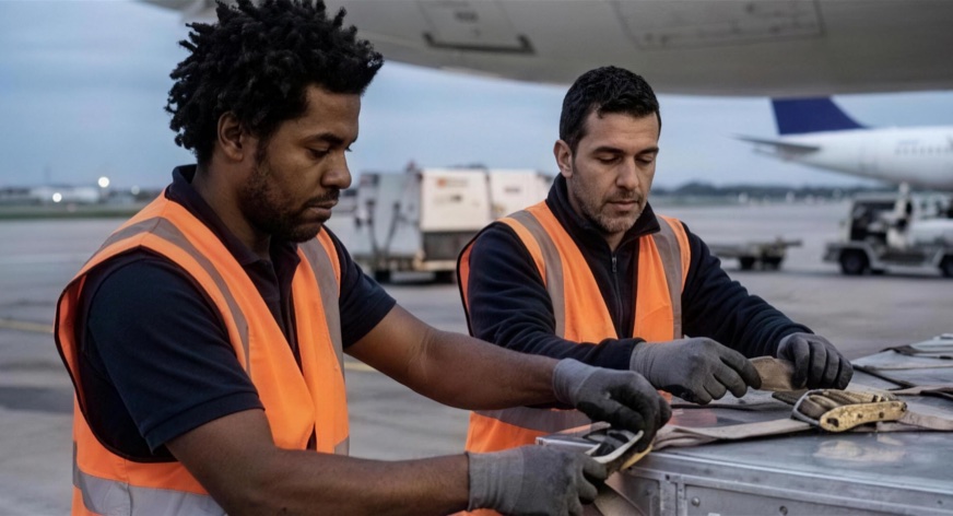 Manos asegurando con correas la carga de un palé en la plataforma, junto al avión