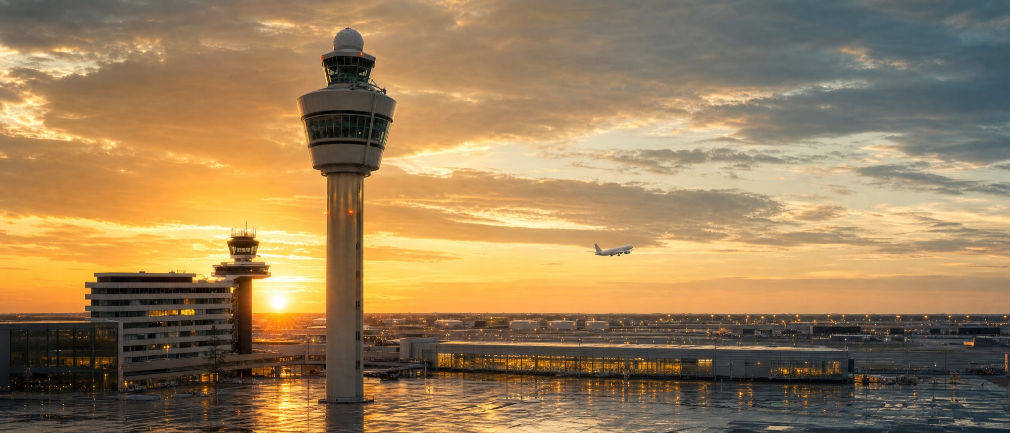 Torre de control de un aeropuerto al atardecer, con un avión despegando al fondo